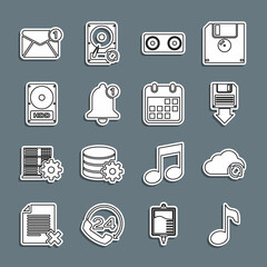 Poster - Set line Music note, tone, Cloud sync refresh, Floppy disk backup, Stereo speaker, Bell, Hard drive HDD, New, email incoming message and Calendar icon. Vector