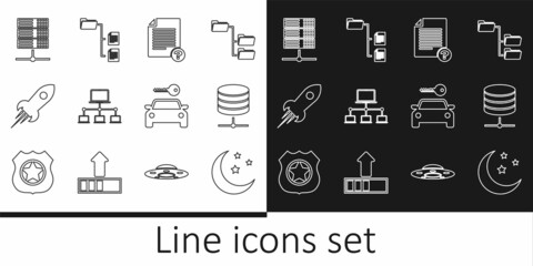 Poster - Set line Moon and stars, Server, Data, Web Hosting, Unknown document, Computer network, Rocket ship with fire, Car rental and Folder tree icon. Vector