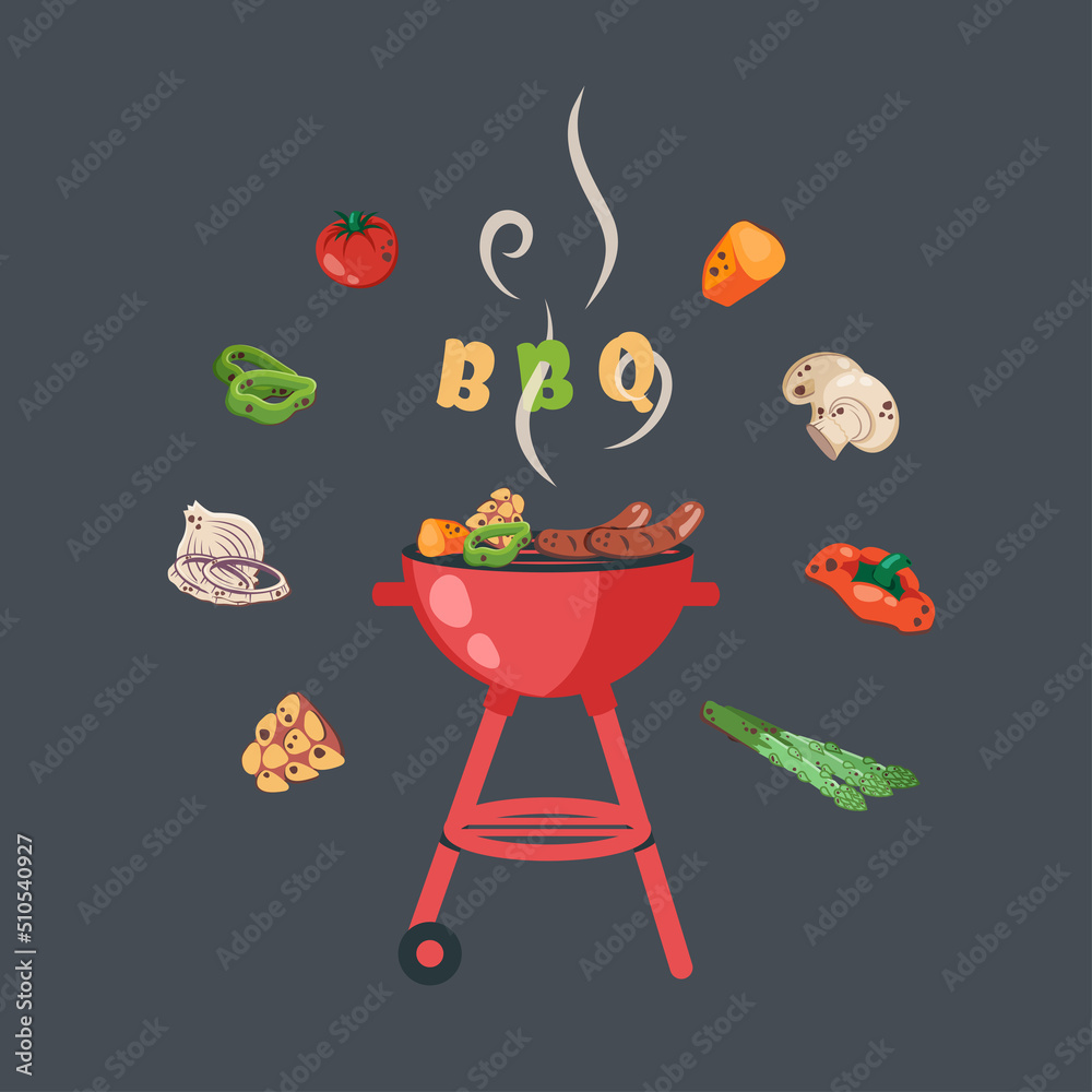 BBQ invitation. BBQ background with brazier, grill, steaks, meat food, grilled vegetables. Barbecue party card template. Vector cartoon banner for barbeque summer picnic