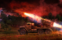 Grad BM-21 Rocket Launcher. Truck-mounted Weapon System. War Crisis, Military Intervention In Ukraine. Russia Invades Ukraine, Ukraine Fight Against Russia; EU, USA New Sanctions. Combat Vehicle 3D