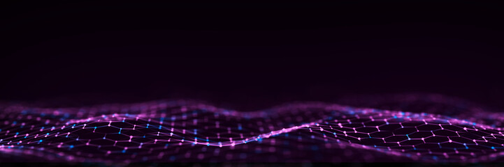 Technology purple hexagon dynamic wave. Futuristic honeycomb concept. Digital technology webflow. Big data visualization. 3D rendering.