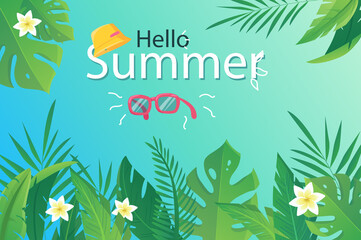 Aufkleber - Hello summer background in flat cartoon design. Wallpaper with summertime border of flowers, green palm leaves, jungle foliage, sunglasses and panama. Vector illustration for poster or banner template