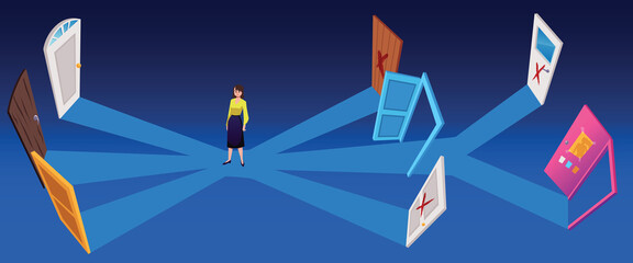 Woman surrounded by doors as metaphor of choosing way, flat vector illustration.
