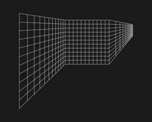 Poster - Cyber grid, retro punk perspective rectangular tunnel. Grid tunnel geometry on black background. Vector illustration