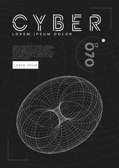 Poster - Poster with cyber distorted shape, retro punk design. Wireframe wave geometry shape on black background. Vector illustration