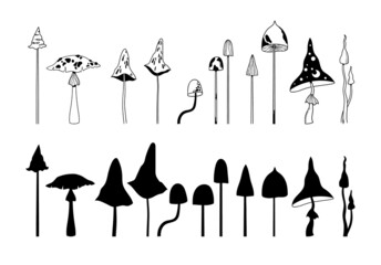 Wall Mural - mystical mushroom isolated clip art bundle, hand drawn poisonous amanita mushrooms or fly agaric fun