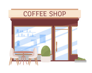 Poster - Coffee shop semi flat color vector object. Editable figure. Full sized item on white. Cozy cafe simple cartoon style illustration for web graphic design and animation. Recursive font used