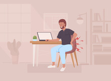 Back Pain Due To Prolonged Sitting Flat Color Vector Illustration. Bearded Man With Pinched Nerves In Lower Back. Fully Editable 2D Simple Cartoon Character With Cozy Office Interior On Background