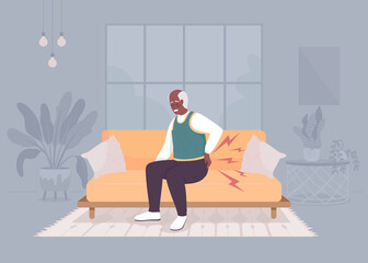 Poster - Degenerative joint disease in elderly flat color vector illustration. Old man with aching back. Painful health condition. Fully editable 2D simple cartoon character with cozy interior on background