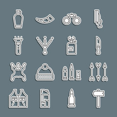 Canvas Print - Set line Road traffic sign, Hipster arrows, Hunter knife, Binoculars, Bird footprint, Flashlight, Canteen water bottle and Camping gas stove icon. Vector