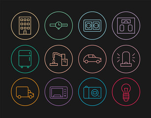 Sticker - Set line Light bulb, Flasher siren, Electrical outlet, Robotic robot arm hand factory, Refrigerator, House, Car and Wrist watch icon. Vector