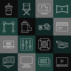 Poster - Set line Online play video, Cinema camera, Movie clapper, Camera and location, film roll cartridge, Rope barrier, Paper glass with water and Media projector icon. Vector