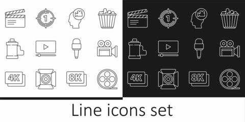 Poster - set line film reel, cinema camera, head with, online play video, camera film roll cartridge, movie c