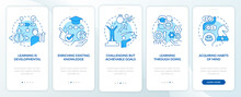 Learning Basic Concepts Blue Onboarding Mobile App Screen. Walkthrough 5 Steps Editable Graphic Instructions With Linear Concepts. UI, UX, GUI Template. Myriad Pro-Bold, Regular Fonts Used