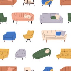 Poster - Furniture pattern with cozy soft armchairs, sofas. Seamless background with retro couches, cushions for living room interior. Endless texture with repeating print. Colored flat vector illustration