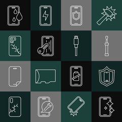 Wall Mural - Set line Glass screen protector, Mobile with shield, Screwdriver, broken, Waterproof phone and USB cable cord icon. Vector