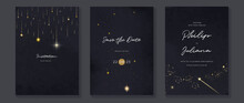 Galaxy Themed Wedding Invitation Vector Template. Collection Of Luxury Save The Date Card With Watercolor, Star, Gold Sparkle. Starry Night Cover Design For Background, Greeting, Brochure, Flyer.