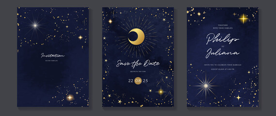 galaxy themed wedding invitation vector template. collection of luxury save the date card with water