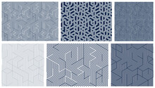 3D Cubes Seamless Patterns Vector Backgrounds Set, Lined Dimensional Blocks, Architecture And Construction, Geometric Designs.