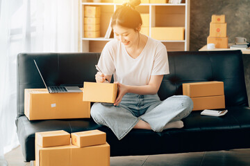 Wall Mural - Asian woman working in modern warehouse and delivery service via modern technology