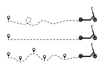 Leinwandbilder - Scooter icon dotted line path with start point. Set of kick scooters paths trace with location or map pins and dotted route. Vector illustration.