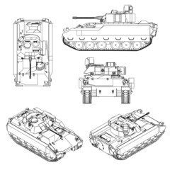 Set with contours of a battle tank from black lines isolated on a white background. Isometric view, side, front, top. Vector illustration.