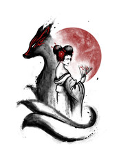 Japanese Girl In Traditional Costume With A Fan Against The Background Of A Black Fox And A Red Sun. Stylized Ink. 2d Illustration