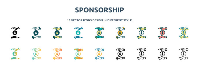 Poster - sponsorship icon in 18 different styles such as thin line, thick line, two color, glyph, colorful, lineal color, detailed, stroke and gradient. set of sponsorship vector for web, mobile, ui