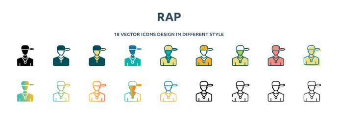 rap icon in 18 different styles such as thin line, thick line, two color, glyph, colorful, lineal color, detailed, stroke and gradient. set of rap vector for web, mobile, ui