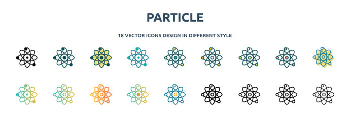 Poster - particle icon in 18 different styles such as thin line, thick line, two color, glyph, colorful, lineal color, detailed, stroke and gradient. set of particle vector for web, mobile, ui