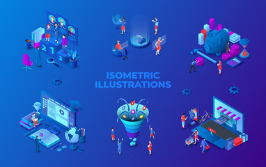 Poster - Set of dark isometric illustrations. Sales funnel, hiring, online education, shopping, virtual reality and invesment.