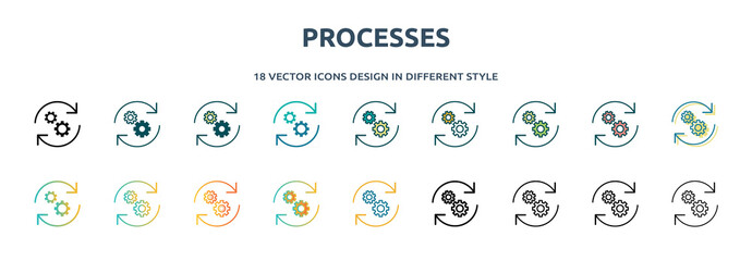 Poster - processes icon in 18 different styles such as thin line, thick line, two color, glyph, colorful, lineal color, detailed, stroke and gradient. set of processes vector for web, mobile, ui