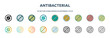 antibacterial icon in 18 different styles such as thin line, thick line, two color, glyph, colorful, lineal color, detailed, stroke and gradient. set of antibacterial vector for web, mobile, ui