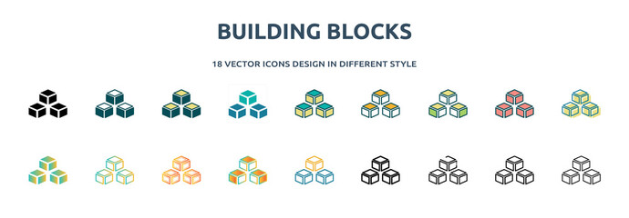 Poster - building blocks icon in 18 different styles such as thin line, thick line, two color, glyph, colorfu