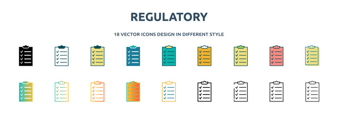 Poster - regulatory icon in 18 different styles such as thin line, thick line, two color, glyph, colorful, lineal color, detailed, stroke and gradient. set of regulatory vector for web, mobile, ui