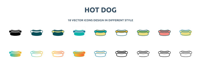 Wall Mural - hot dog icon in 18 different styles such as thin line, thick line, two color, glyph, colorful, lineal color, detailed, stroke and gradient. set of hot dog vector for web, mobile, ui