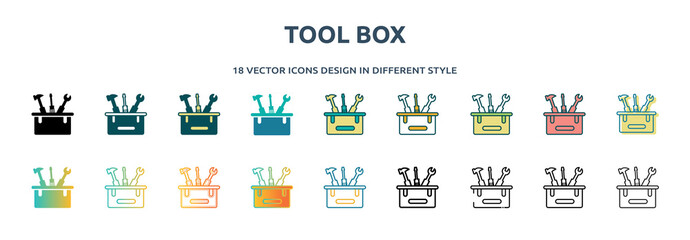 Aufkleber - tool box icon in 18 different styles such as thin line, thick line, two color, glyph, colorful, lineal color, detailed, stroke and gradient. set of tool box vector for web, mobile, ui