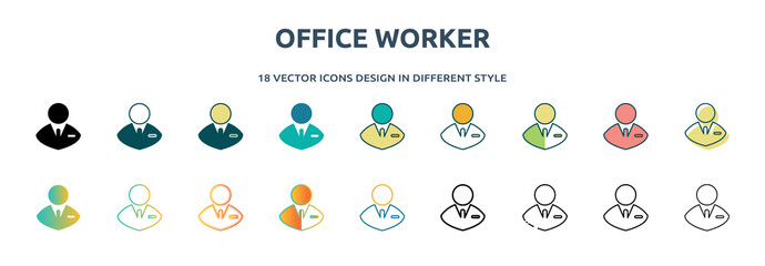 Poster - office worker icon in 18 different styles such as thin line, thick line, two color, glyph, colorful, lineal color, detailed, stroke and gradient. set of office worker vector for web, mobile, ui