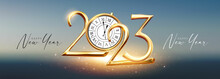 Happy 2023 New Year Elegant Christmas Congratulation With 3D Realistic Gold Metal Text And Sot Light Effect