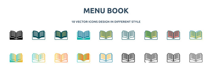 menu book icon in 18 different styles such as thin line, thick line, two color, glyph, colorful, lineal color, detailed, stroke and gradient. set of menu book vector for web, mobile, ui