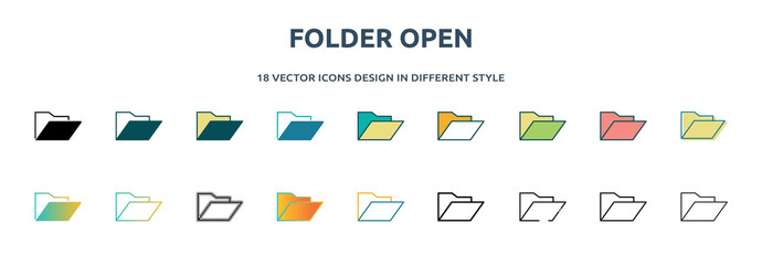 Poster - folder open icon in 18 different styles such as thin line, thick line, two color, glyph, colorful, lineal color, detailed, stroke and gradient. set of folder open vector for web, mobile, ui