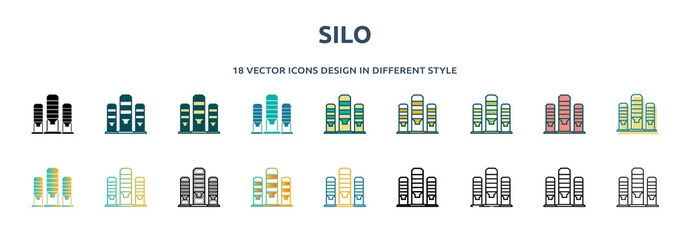 Poster - silo icon in 18 different styles such as thin line, thick line, two color, glyph, colorful, lineal c