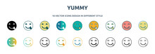 yummy icon in 18 different styles such as thin line, thick line, two color, glyph, colorful, lineal color, detailed, stroke and gradient. set of yummy vector for web, mobile, ui