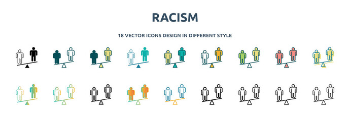 racism icon in 18 different styles such as thin line, thick line, two color, glyph, colorful, lineal color, detailed, stroke and gradient. set of racism vector for web, mobile, ui