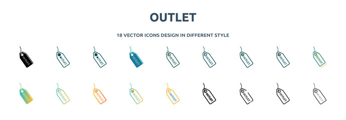 Poster - outlet icon in 18 different styles such as thin line, thick line, two color, glyph, colorful, lineal color, detailed, stroke and gradient. set of outlet vector for web, mobile, ui