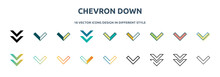 Chevron Down Icon In 18 Different Styles Such As Thin Line, Thick Line, Two Color, Glyph, Colorful, Lineal Color, Detailed, Stroke And Gradient. Set Of Chevron Down Vector For Web, Mobile, Ui