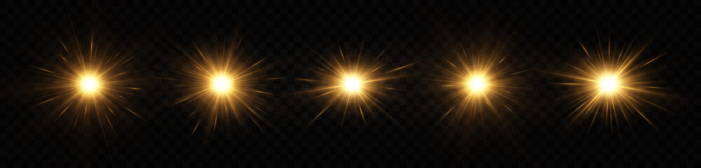 Wall Mural - Shining golden stars isolated on black background. The star burst with brilliance. Glow effect.