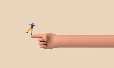 Aufkleber - A male character balancing on a large finger. 3D Rendering