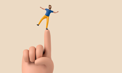 Aufkleber - A male character balancing on a large finger. 3D Rendering