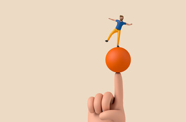 Aufkleber - A male character balancing on a large finger. 3D Rendering